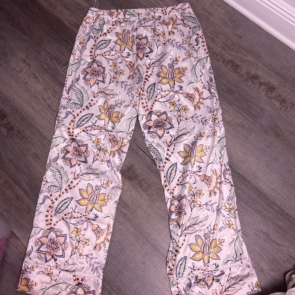Indie boho satin lounge pants pockets floral satin silk feel women's large xl